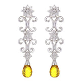 14k White Gold 0.75ctw Citrine Briolette Drop & Diamond Flower Dangle Earrings
