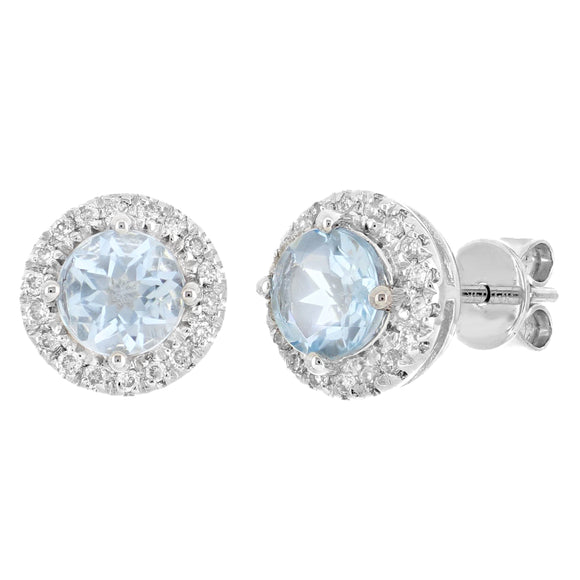 14k White Gold Aquamarine & Diamond Halo Stud Earrings