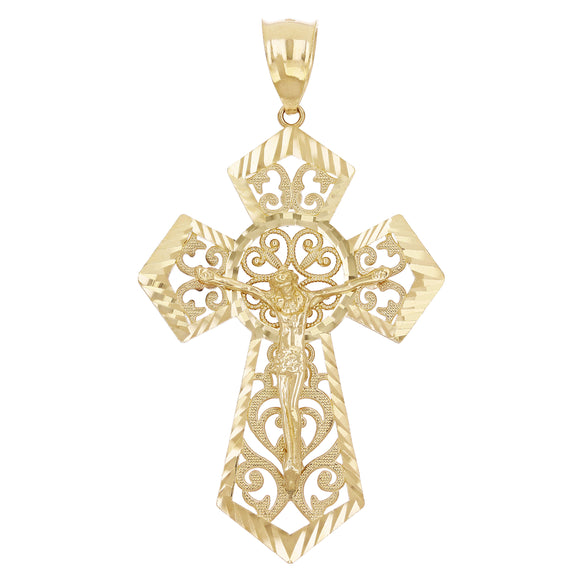 14k Yellow Gold Diamond-Cut Ornate Gothic Crucifix Cross Pendant 2.4
