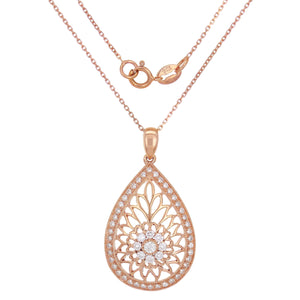 14k Rose Gold 0.45ctw Diamond Milgrain Flower Filigree Pear Pendant Necklace