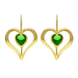 14k Yellow Gold Vibrant Green Crystal Heart Dangle Earrings