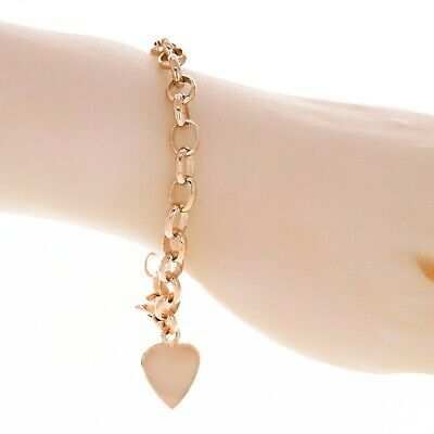 10k Rose Gold Heart Tag Charm Bracelet Rolo Chain Link Bracelet 7.5