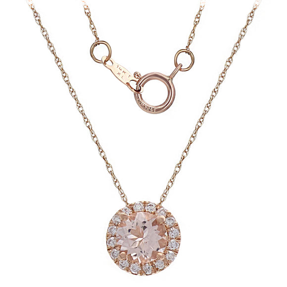 14k Rose Gold 0.15ctw Morganite & Diamond Circle Halo Eternity Pendant Necklace