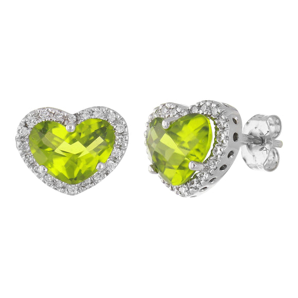 14k White Gold 0.20ctw Peridot & Diamond Heart Halo Stud Earrings