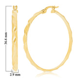 Italian 14k Yellow Gold Diagonal Rope Design Large Hollow Hoop Earrings 1.4"