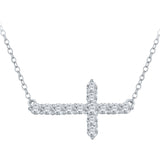 14k White Gold and Diamond Sideways Horizontal Cross Stationary Pendant Necklace