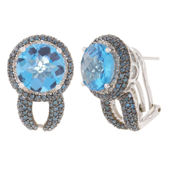 14K White Gold 0.64ctw Blue Topaz, Treated Blue & White Diamond Luxury Earrings