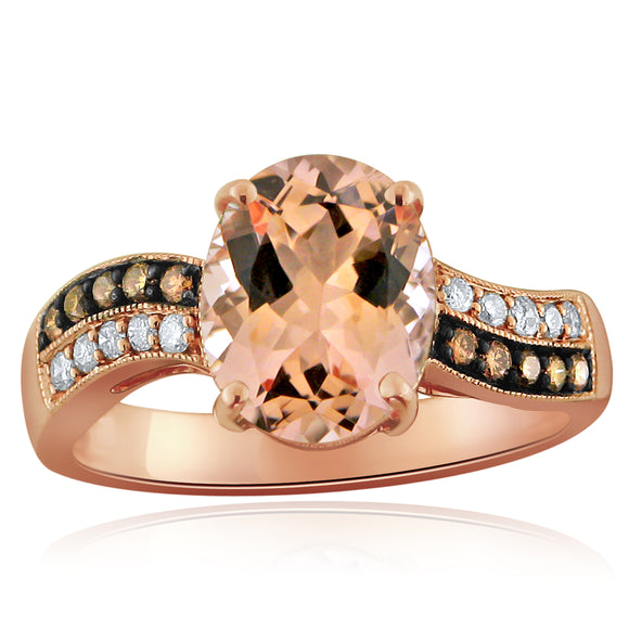 14k Rose Gold 2.07ctw Morganite, Chocolate & White Diamond Oval Ring Size 6.75