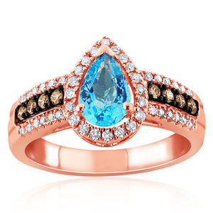 14k Rose Gold 1.15ctw Blue Topaz, Chocolate & White Diamond Pear Ring Size 6.75