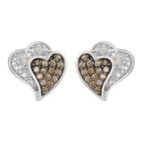 10k White Gold 0.35ctw Brown & White Diamond Double Heart Pave Stud Earrings