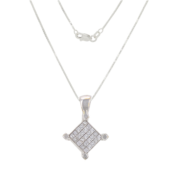 Italian 14k White Gold 1/2ctw Princess Diamond Square Pendant Necklace