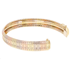 Italian 14k Tri-Color Gold Diamond Cut Omega Bangle Bracelet 7" 11.5mm 22.2grams