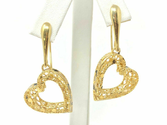 Italian 14k Yellow Gold Filigree Heart Drop Dangle Earrings 1.65