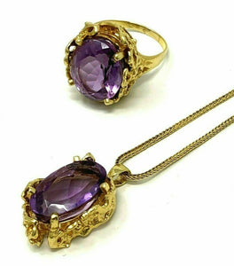 18k Yellow Gold Antique Vintage Oval Amethyst Pendant Necklace & Ring Set
