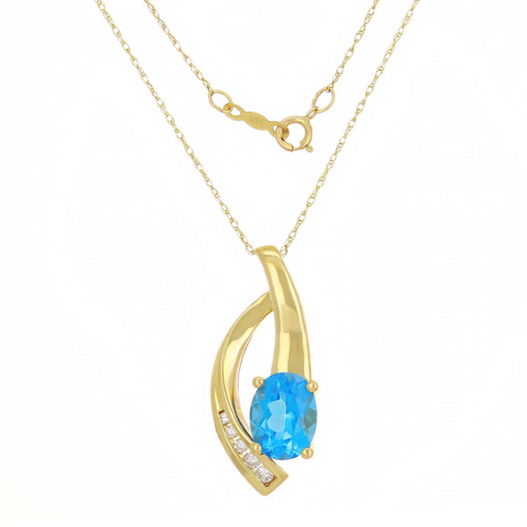 10k Yellow Gold Sky Blue Topaz & Diamond Ribbon Drop Pendant Necklace 18