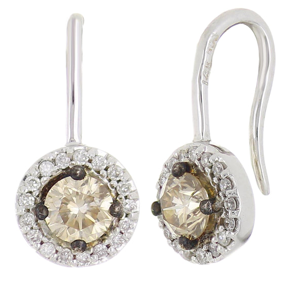 14k White Gold 0.52ctw Brown & White Diamond Circle Halo Drop Earrings
