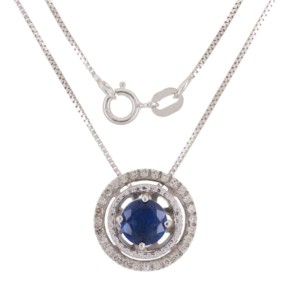 14k White Gold 0.15ctw Sapphire & Diamond Concentric Halo Pendant Necklace 18