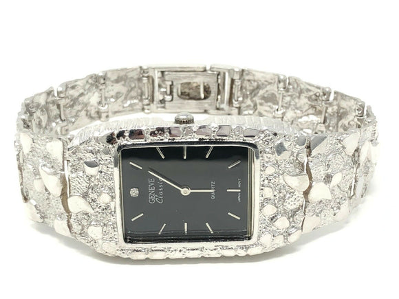 14k White Gold Solid Nugget Wrist Watch Link with Geneve Watch 7.5