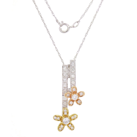 14k Tri Color Gold 0.32ctw Diamond Pave Flower Drop Pendant Necklace 18