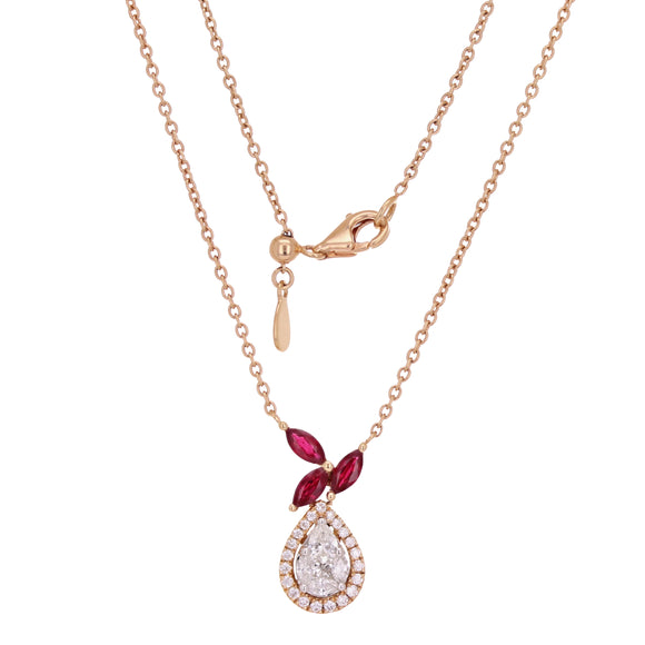 18k Rose Gold 0.75ctw Ruby & Diamond Pear Drop Anniversary Pendant Necklace
