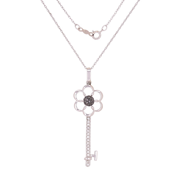 10k White Gold 0.21ctw Black & White Diamond Daisy Skeleton Key Pendant Necklace