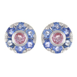 14k White Gold Pink & Blue Sapphire Flower Cluster Stud Earrings