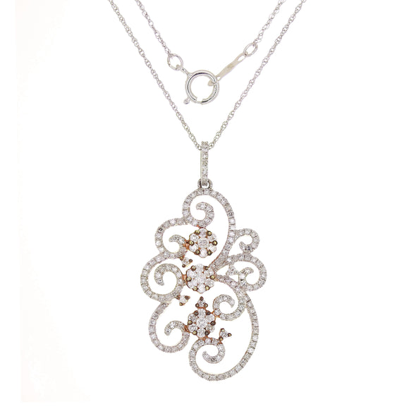 14k Two Tone Gold 1ctw Diamond Flower Swirling Ribbon Filigree Pendant Necklace
