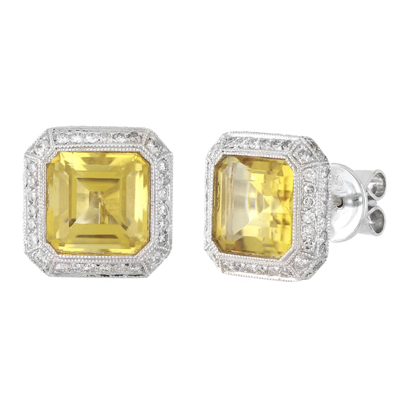 18k White Gold 0.91ctw Citrine & Diamond Cushion Halo Cluster Stud Earrings