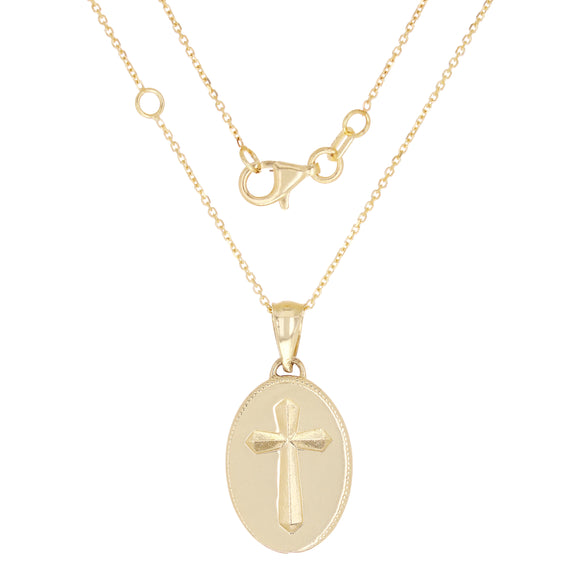 14k Yellow Gold Oval Cross Medal Necklace 18
