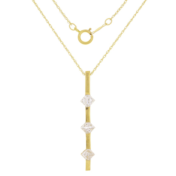 14k Yellow Gold 1ctw Princess Diamond Three-Stone Bar Pendant Necklace 18