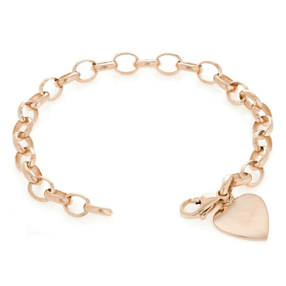 14k Rose Gold Oval Rolo Link Chain Heart Charm Bracelet 8.5
