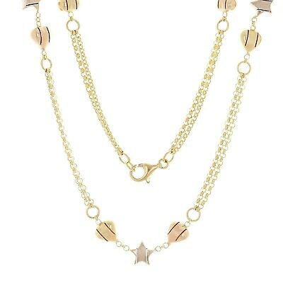 Italian 14k Tri Color Gold Double Rolo Chain with Star Heart Charm Necklace 24