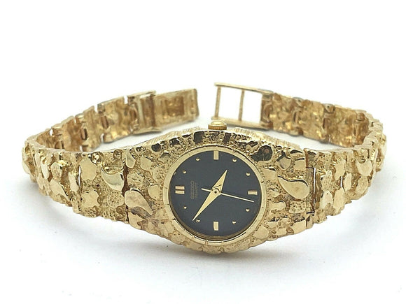 14k Yellow Gold Nugget Wrist Watch with Seiko Watch 7