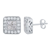 14k White Gold 0.80ctw Diamond Art Deco Style Square Stud Earrings