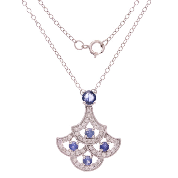 14k White Gold 0.33ctw Sapphire & Diamond Chandelier Drop Pendant Necklace 18