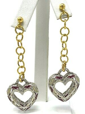 Italian 14k Two Tone Gold Enamel Heart Dangling Earrings 2.5