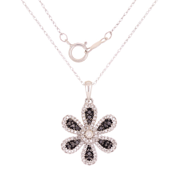14k White Gold 0.50ctw Black & White Diamond Sunflower Pendant Necklace 18