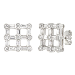 18k White Gold 1.10ctw Mixed Cut Diamond Square Checkerboard Earrings