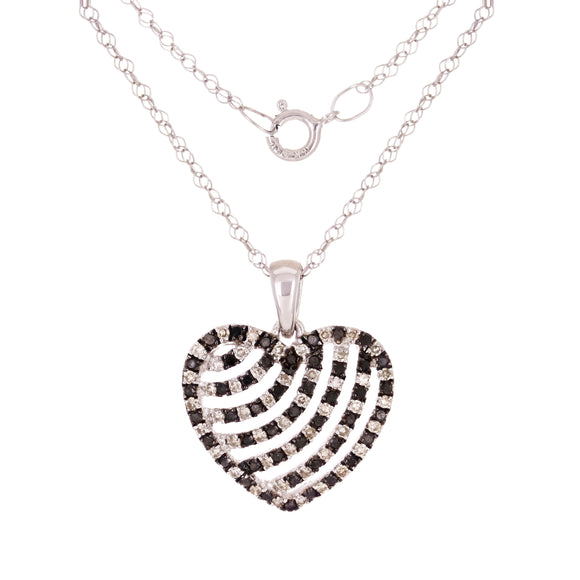 10k White Gold 0.41ctw Black & White Diamond Striped Heart Pendant Necklace 18