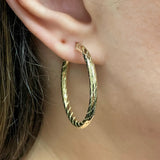 Italian 14k Yellow Gold Diagonal Snare Design Large Hollow Hoop Earrings 1.5"