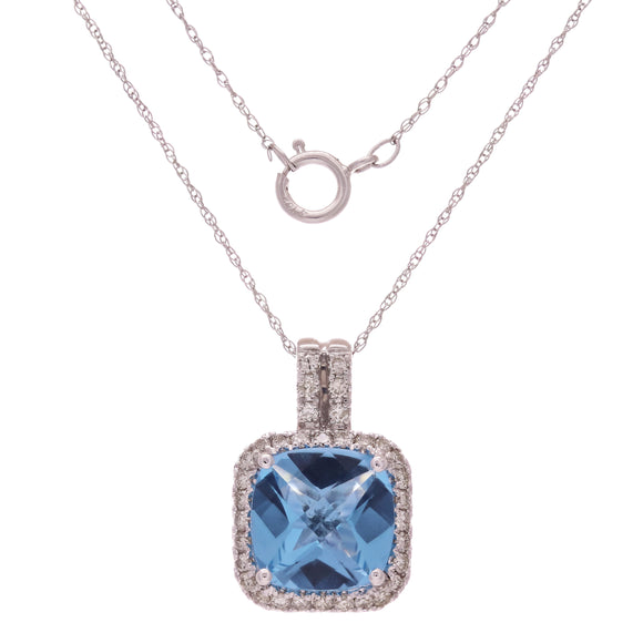 14k White Gold 0.45ctw Blue Topaz & Diamond Halo Cushion Drop Pendant Necklace