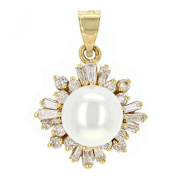 14k Yellow Gold 1.24ctw Diamond & 9.50mm White Cultured Pearl Pendant