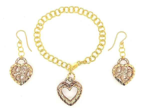 Italian 14k Two Tone Gold Filigree Heart Dangle Earrings & Bracelet Set 13.2g