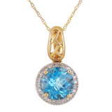 10k Rose Gold Blue Topaz & Diamond Halo Drop Pendant Necklace 18"