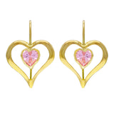 14k Yellow Gold Pink Ice Crystal Heart Dangle Kidney Wire Earrings