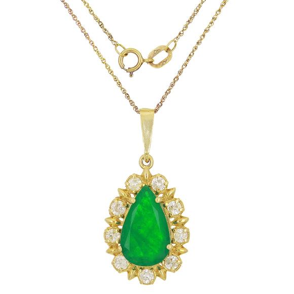 14k Yellow Gold 0.75ctw Emerald & Diamond Pear Shaped Cluster Pendant Necklace