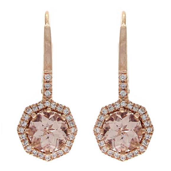 14k Rose Gold 0.18ctw Morganite & Diamond Halo Dangle Drop Lever Back Earrings