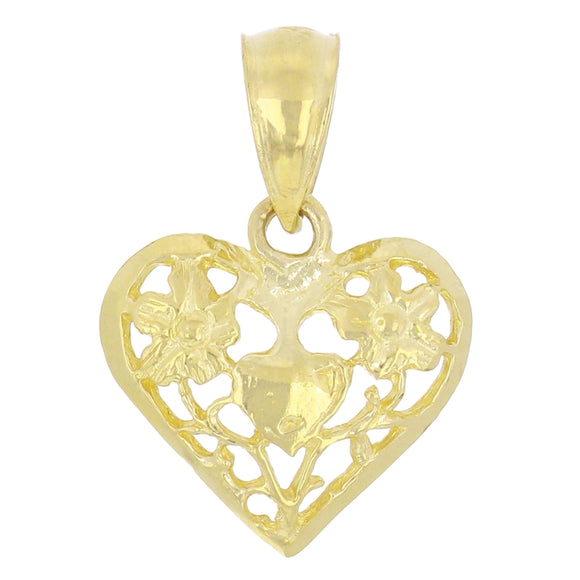 14k Yellow Gold Solid Filigree Heart with Flowers Charm Pendant 0.8 gram