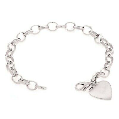 10k White Gold Rolo Link Chain Heart Charm Bracelet 8