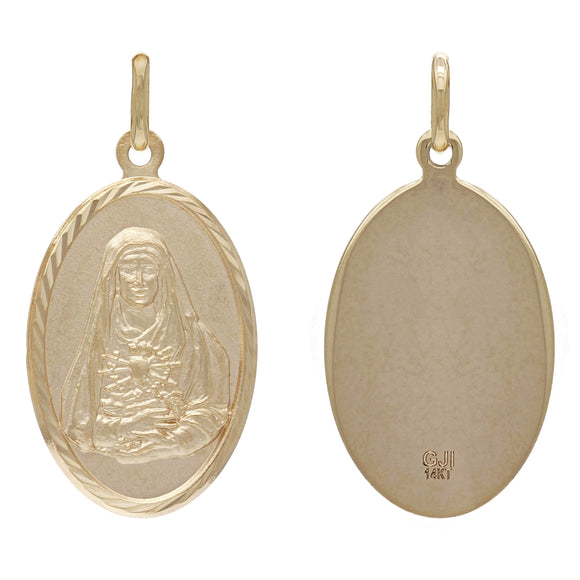 14k Yellow Gold Embossed Mother Mary's Portrait Oval Medallion Pendant 3.4 grams
